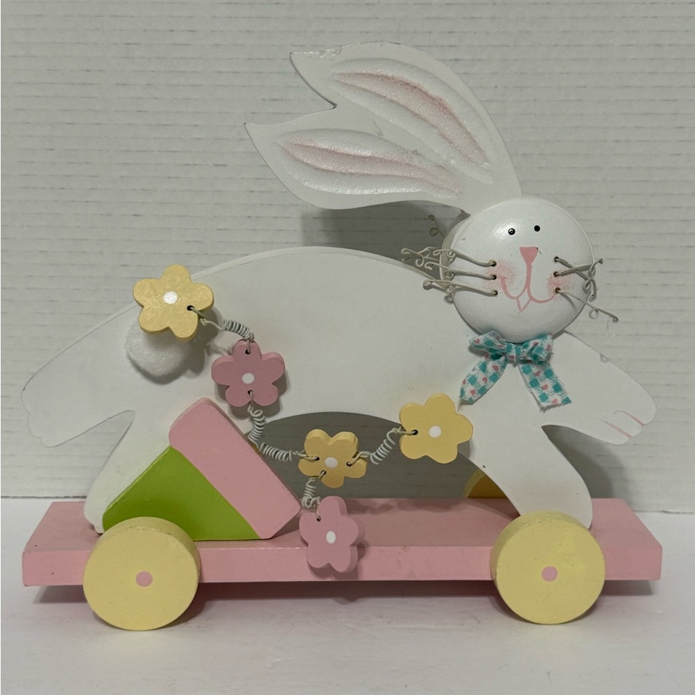 Pastel Wood Easter Bunny Cart Spring Shelf Decor Farmhouse Easter